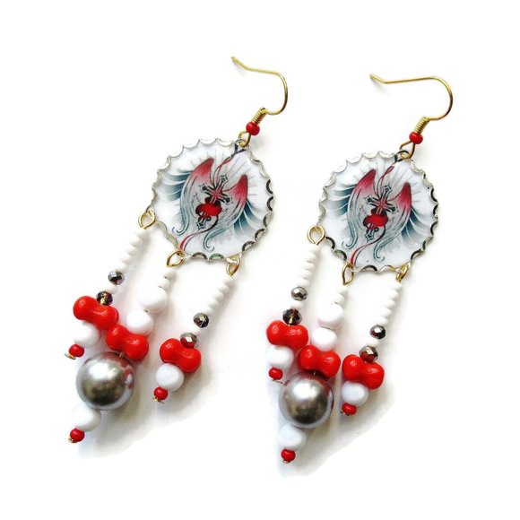 Red White Grey Goth Earrings Handmade Red Wings & Crucifix Gothic Style - Picture 5 of 8